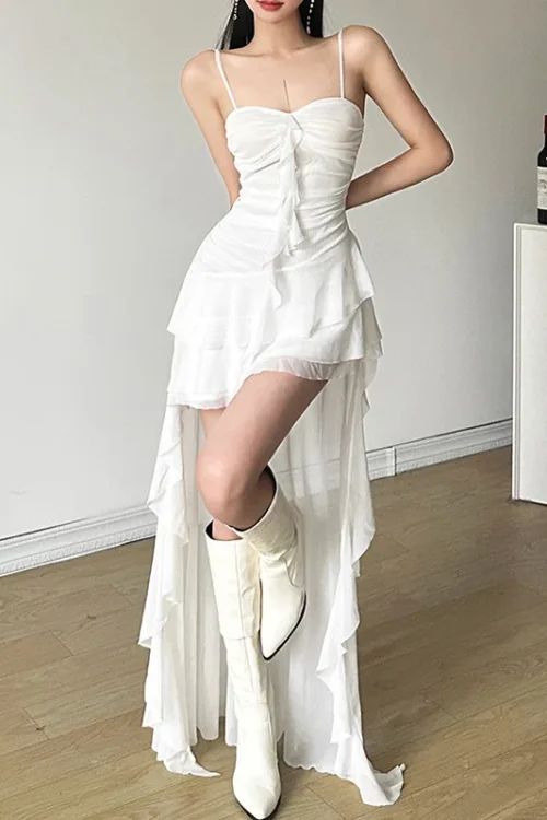 2025 Summer New Women’s Cross-Border Off-Shoulder Strap Dress European American Style Solid Color Slim High Chiffon Natural