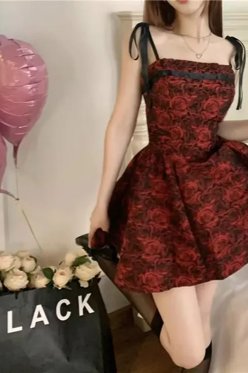 2025 New High-End Floral Suspender Dress for Women Casual Spaghetti Strap Lace-Up Spring Summer Tutu Skirt Tube Top Short Skirt
