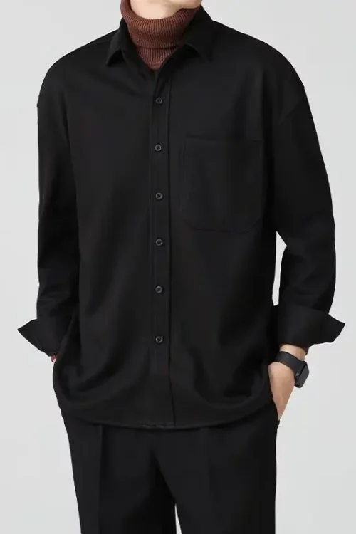 American Men’s Casual Lapel Shirt Heavy Woolen Pure Color Long Sleeve Autumn Work Clothing Knitted Outwear