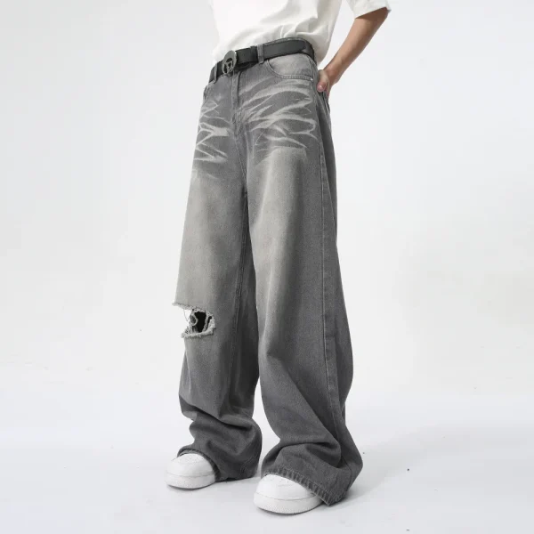 2025 Summer Men's Fashion New Vintage Washed Distressed Straight Wide-Leg Baggy Floor-Length Jeans Gray Denim Fabric - Image 4