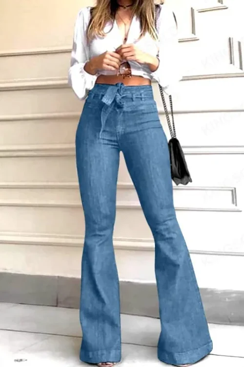 High-Waisted Flared Denim Pants with Lace-Up Feature Breathable Casual Style for Summer Winter Hot-Selling on AliExpress EBay