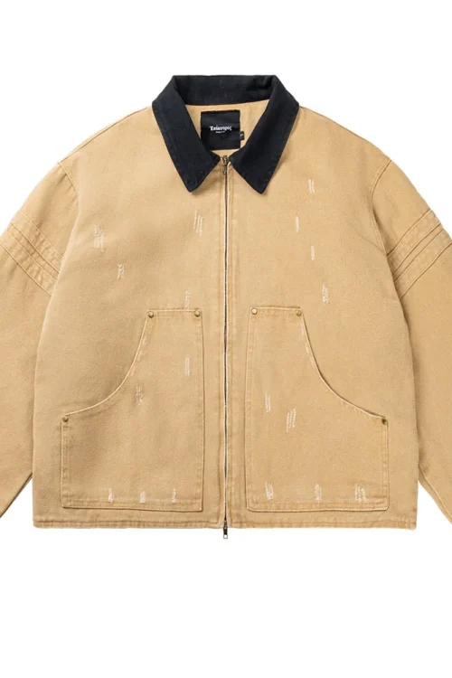 Cleanfit Washed Distressed DUCK Canvas Work Jacket for Men Women Barn Style Trendy Short Silhouette Stand Collar