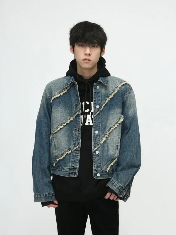 Denim Jacket Men's Autumn New Street Raw Edge Splicing Design Short Denim Jacket for Men - Image 3
