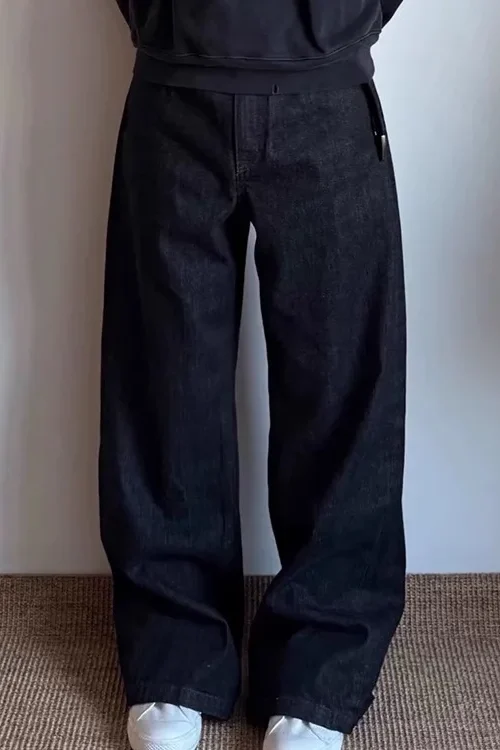 2025 High-End Black Selvedge Red Edge Denim Pants Cleanfit Straight A-Line Narrow Jeans with Wide Leg Casual Winter Style