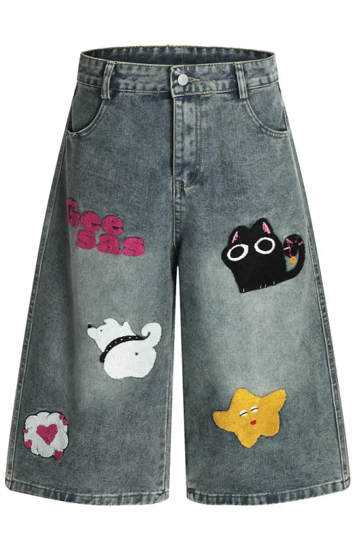 Autumn and Summer New Loose Wide-leg Korean Style Retro Shorts Jeans Men’s Size