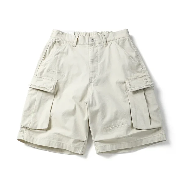 Men's Summer Cargo Shorts 100% Cotton Vibe American High Street Style Distressed Patch Loose Fit Zipper Fly Knee-Length Shorts - Image 4