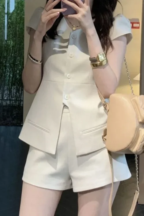 2025 Summer Elegant  Women’s Vest Jacket Shorts Set Puerto Rico Complete Outfit Casual Skinny Fit Button Decoration