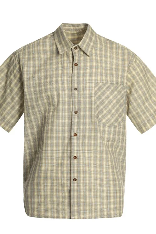 Japanese Style Men’s Summer Workwear Shirt Plaid Short Sleeve Turn-Down Collar Side Slit Versatile Casual Loose Fit Yarn Dyed