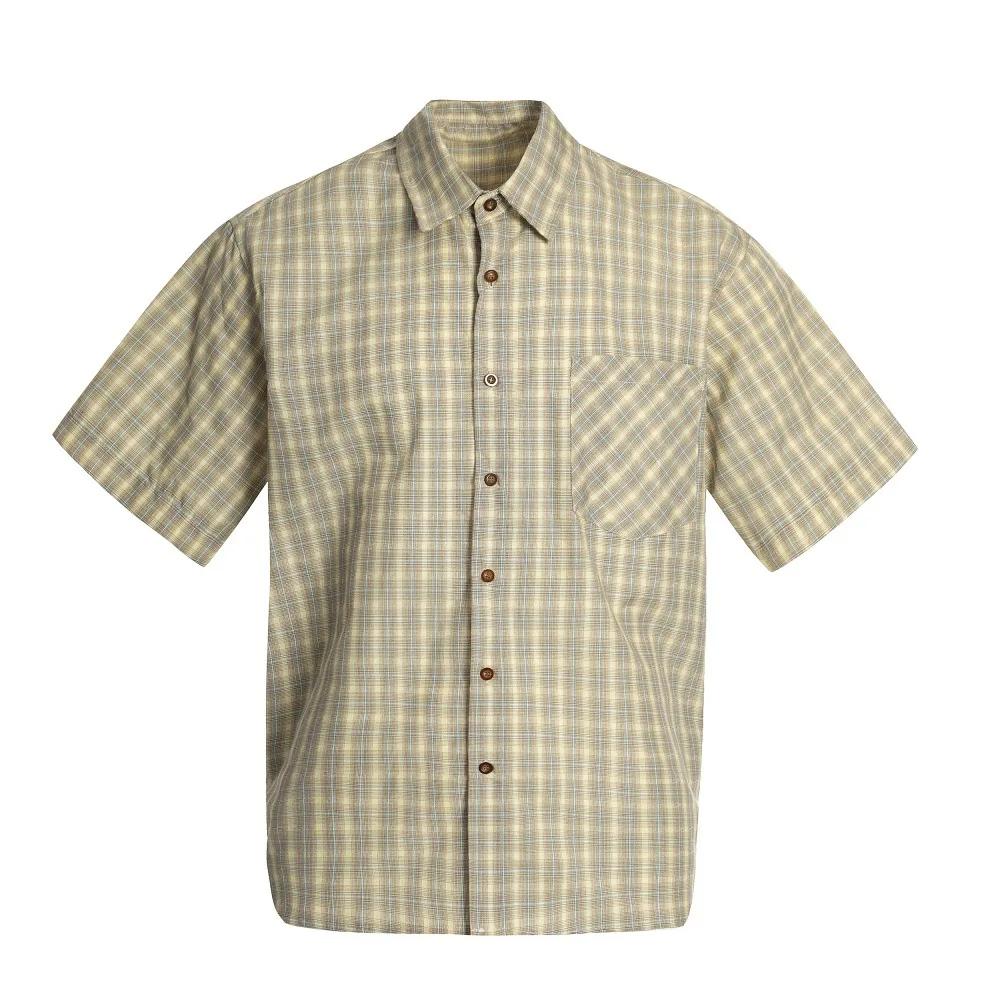 Japanese Style Men’s Summer Workwear Shirt Plaid Short Sleeve Turn-Down Collar Side Slit Versatile Casual Loose Fit Yarn Dyed