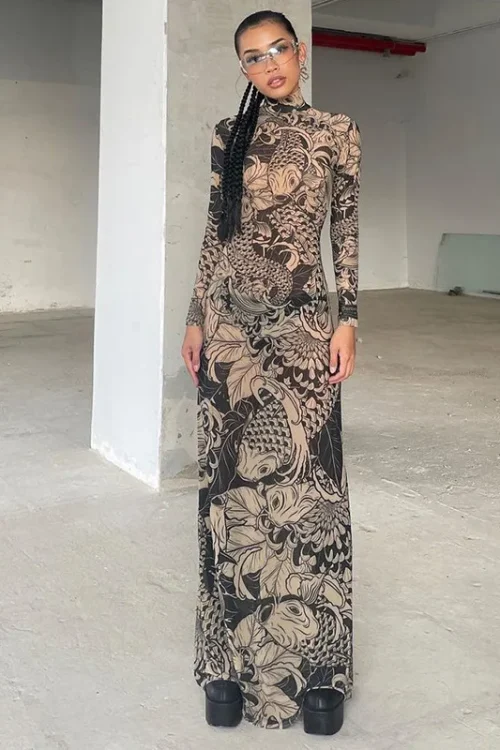 2025 Spring Summer Collection New Fashion Satin for Women High Neck Slim Fit Mesh Printed Sheer Knee-Length Natural Parties
