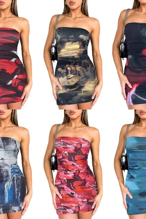2025 Spring Summer Collection  Hot Selling Printed Chiffon Breast Wrap Hip Stretch Sexy Tight Dress for Women