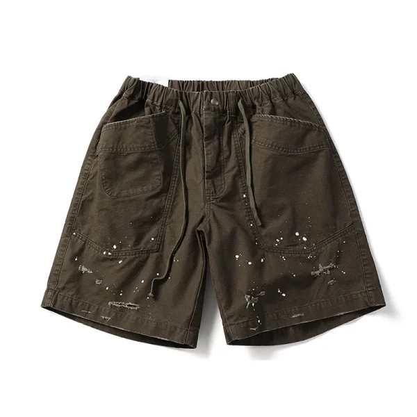 High Street Summer Cargo Shorts for Men Trendy 100% Cotton Knitted Personalized Ripped Paint Splashes Loose Casual Shorts Pants - Image 4