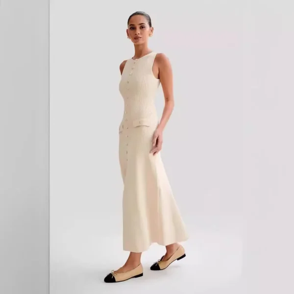 2025 Summer New Elegant Slim Knitted Dress European American Style Casual Neck Sleeveless Front Woven Chiffon Washable - Image 3