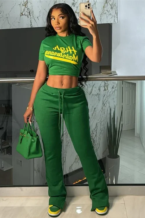 Sexy Printed Navel-revealed Short Sleeves High Waist Slim Trousers Casual Suit for Women