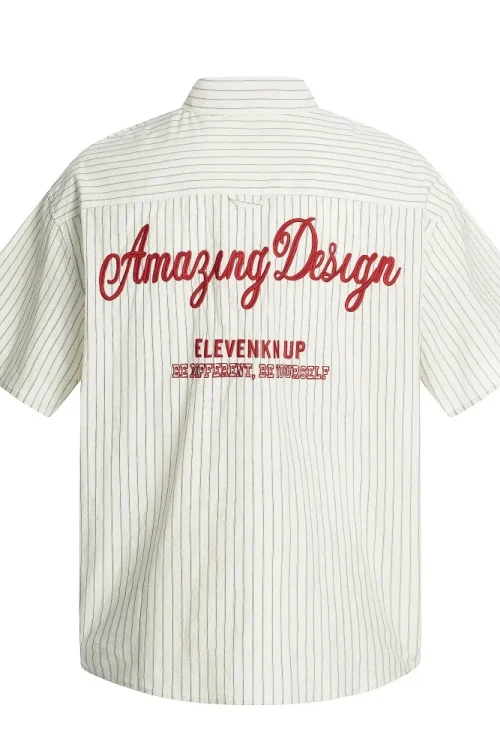 American Style Trendy Vertical Striped Embroidered Letter Men’s 100% Cotton Short Sleeve Shirt Turn-down Collar Pocket Loose