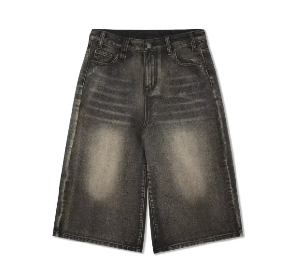 Vintage Washed Men's Denim Shorts Loose Cropped Streetwear High American Style Casual Straight Over-the-Knee Vibe Knitted