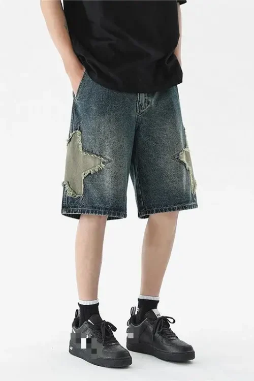 Bermuda Streetwear Distressed Star Embroidery Denim Jean Cotton Baggy Shorts for Mens