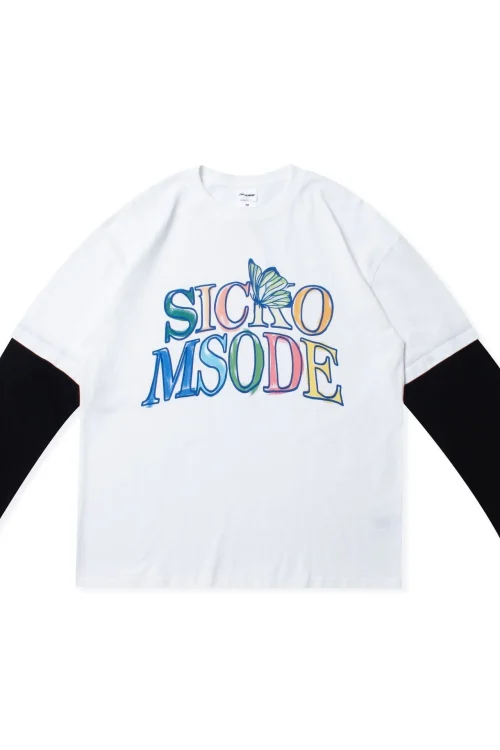 DTG Printed Long Sleeved Oversized Men’s Retro Fashion Double-layer Patchwork Cotton T-shirt