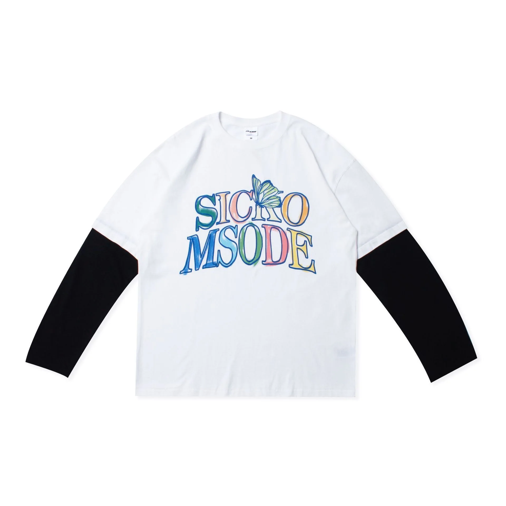 DTG Printed Long Sleeved Oversized Men’s Retro Fashion Double-layer Patchwork Cotton T-shirt