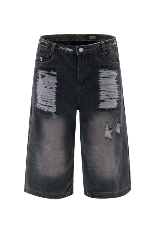 denim raw Edge Denim Jorts Diamond Rhinestone Long Straight Baggy Carpenter Double Waist Layer Y2k Jeans Shorts Men Jorts