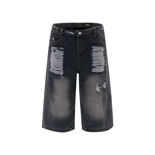 denim raw Edge Denim Jorts Diamond Rhinestone Long Straight Baggy Carpenter Double Waist Layer Y2k Jeans Shorts Men Jorts