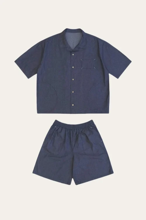 Summer Casual Unisex Shirt and Shorts  Denim Set New Oversized Cuban Collar Thin Denim Solid Turn-Down Collar Loose Fit