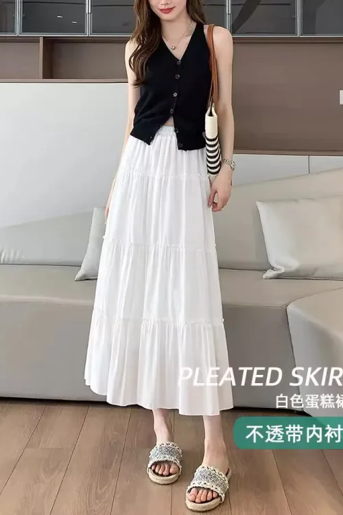 Women’s White A-Line Mid-Length Skirt High-Waisted Slimming Look