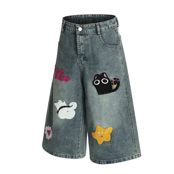 Autumn and Summer New Loose Wide-leg Korean Style Retro Shorts Jeans Men's Size - Image 2