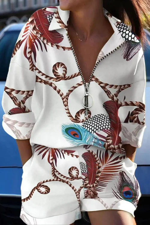 New Women’s Casual 2-Piece Shorts Set Long-Sleeved Printed Zipper