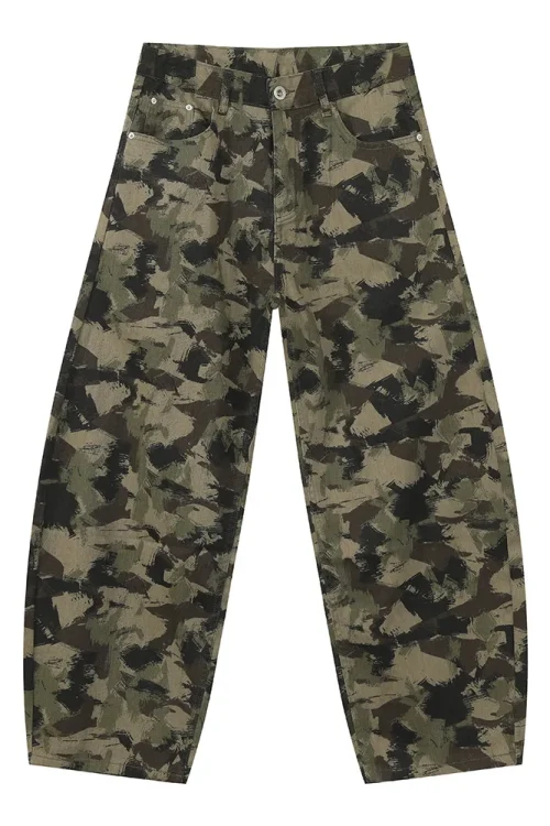 2025 Men’s High Quality Camouflage Design Washed Jeans  Wide Leg Mid Waist Straight Style Denim