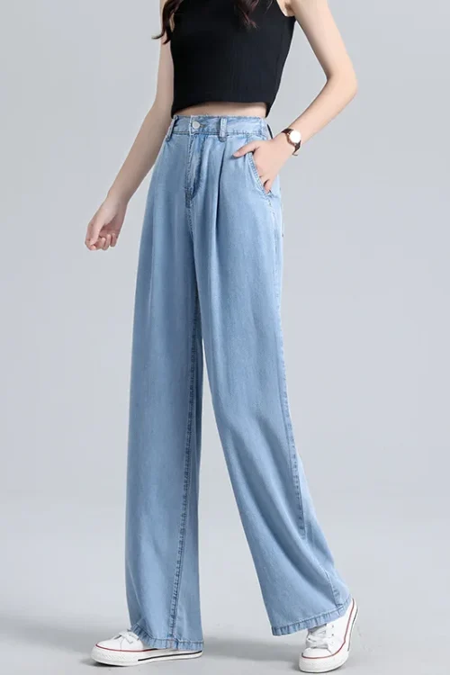 Women’s High-Waisted Wide-Leg  Jeans Summer Fashion Thin Draped Style Loose Ice Silk Straight Trousers