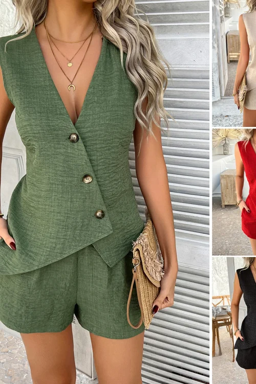 Women’s Casual Cardigan Vest Shorts Suit Loose European American Style Pure Color Button