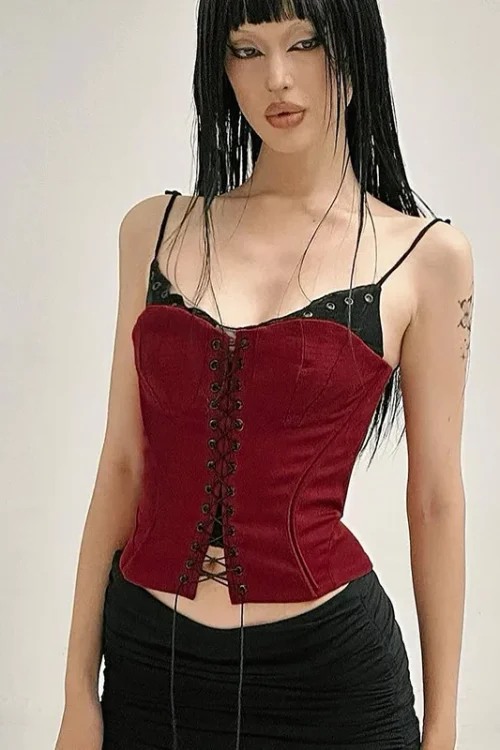 Contrast Color Splicing  Small Suspender Chest Straps Irregular Waist Slimming Short Top