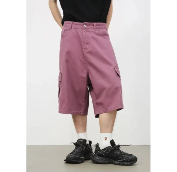 Cowboy Casual Shorts for Men American Vintage Solid Pattern Five-Quarter Cargo Pants Men with Elastic Waist Closure - Image 4