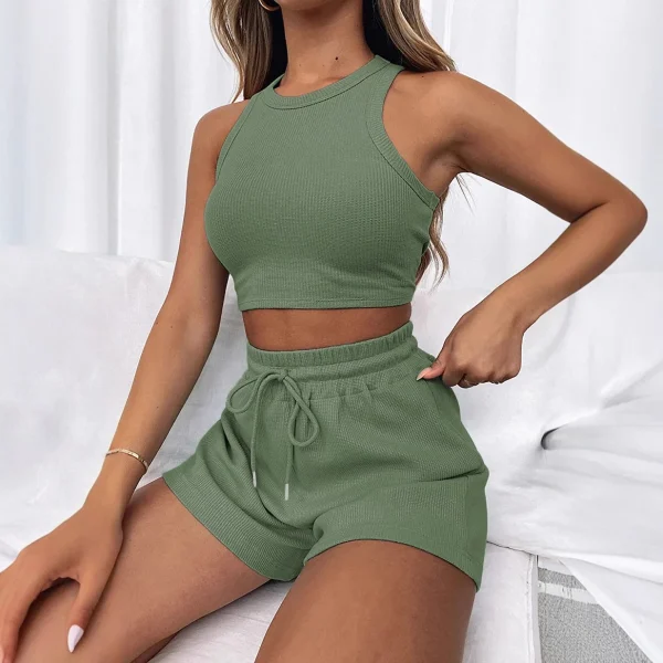 2025 Summer Women's Cross-Border Fashion Casual 2-Piece Set Sleeveless Waffle Vest and Above Knee Top Solid Color - Image 5