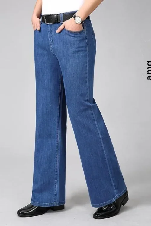 Casual Men’s Summer Loose Wide-Leg Pants Big Leg Flared Jeans Mid-Waist Large Straight Bell-Bottom Long Pants Flat Front XL Size