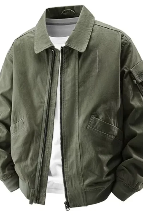Autumn Spring Men’s Vintage American Style Long Jacket Workwear Casual Coat Turn-Down Collar Pockets XL Zipper Washed Shearing