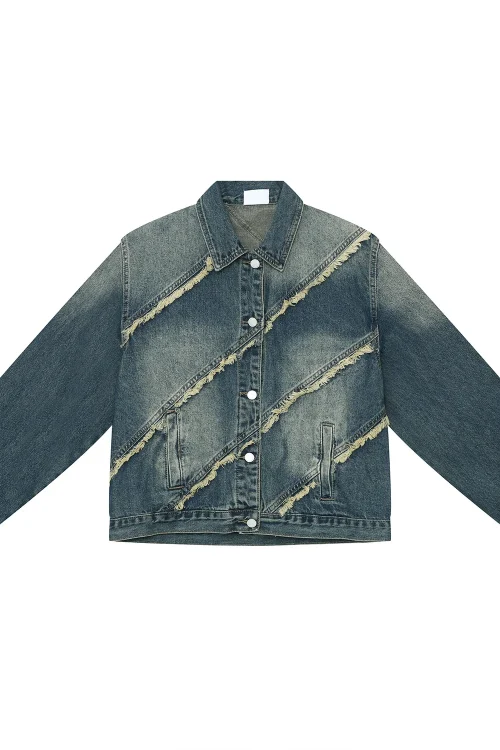Denim Jacket Men’s Autumn New Street Raw Edge Splicing Design Short Denim Jacket for Men