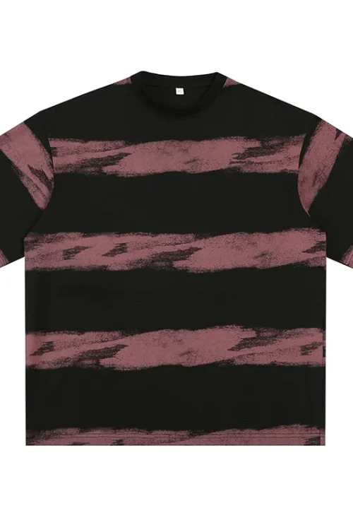 Men’s Tie-Dyed Cotton T-Shirt Japanese Retro Style New Fashionable Embroidered Striped Design Summer Half-Sleeved T-Shirt