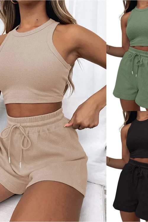 2025 Summer Women’s Cross-Border Fashion Casual 2-Piece Set Sleeveless Waffle Vest and Above Knee Top Solid Color