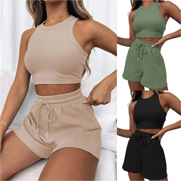 2025 Summer Women's Cross-Border Fashion Casual 2-Piece Set Sleeveless Waffle Vest and Above Knee Top Solid Color