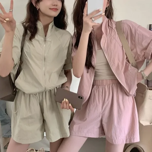 New Summer High-end Loose pink Sunscreen Light Shorts Two-piece Set