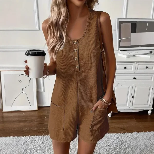 Women's Casual Button Pocket Vest Jumpsuit Hot Women's Dress Set - Image 5