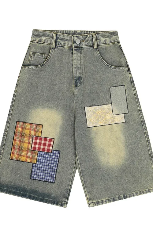 Mdq Embroidered Vintage Wash Distressed Streetwear Vintage Cargo Jean Shorts for Men