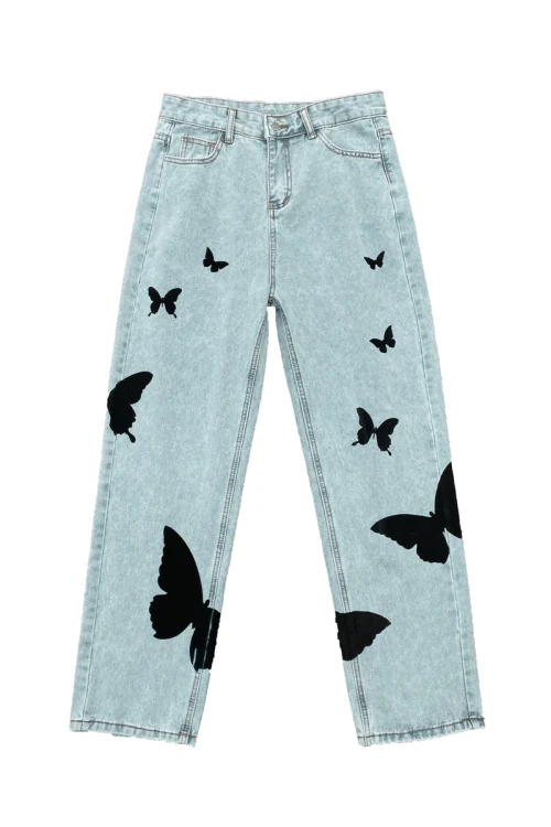 2025 Butterfly Print Jeans Men Pants Loose Baggy Jeans Casual Denim Pants Stretch Straight Fashion Trousers
