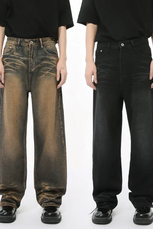 2025 Men’s Fashion Autumn New Street Distressed Straight Scratched Design Washed Technique Denim Trending Loose Fit