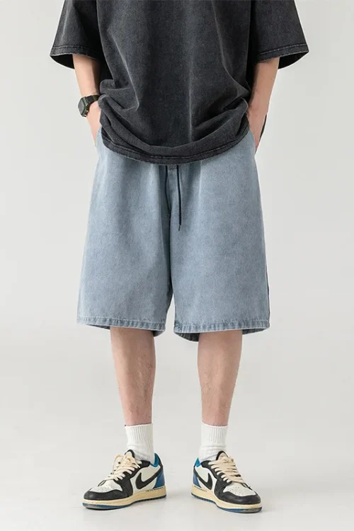 250g Collegiate Style Splicing Solid Color Simple Wash Denim Shorts Retro Suit for Men