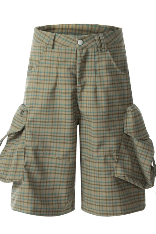 Loose Plaid 3D Pocket Cargo Men Shorts European American High Streetpants Vibe Design Wide Leg Five-Point Casual Knitted Pants