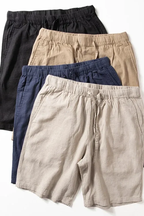 Retro Linen Breathable Straight Loose Solid Color Elastic Wide Leg Men Casual Shorts