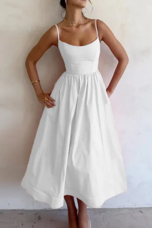 2025 Summer New Women’s Fashion Cross-Border Satin Dress Casual U-Neck Waist-Cinching Ruched Strap Sexy Solid Spaghetti Natural